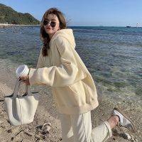 棉卫衣连帽奶系奶黄色外套女春秋加绒冬运动oversize新款百搭上衣