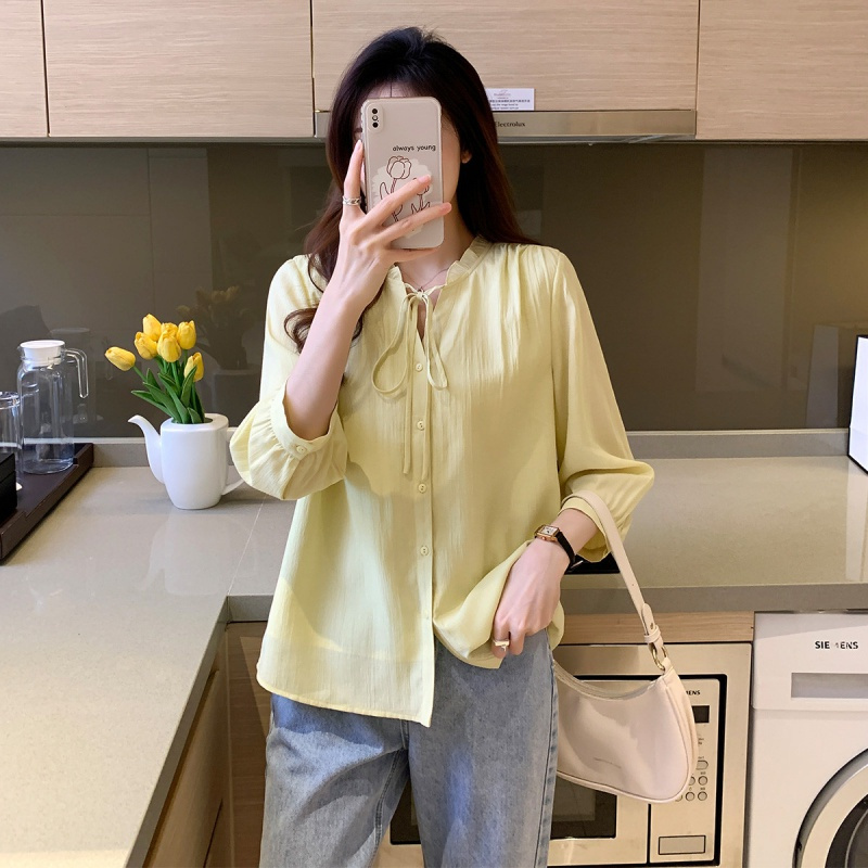 唐狮 |春季女圆领花边绑绳净色长袖衬衫设计感百搭气质韩版