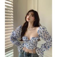 碎花衬衫法式方领泡泡袖设计感小众衬衣女装夏季短款露脐长袖上衣 白底碎花 S 【建议90-105斤】