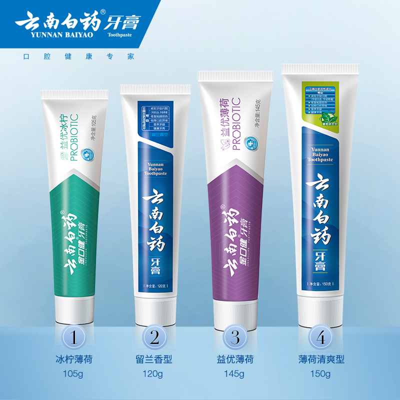 云南白药520g健康牙膏4支套装(留兰香型120g+薄荷香型150g+冰柠薄荷105g+激爽薄荷145g)高清大图