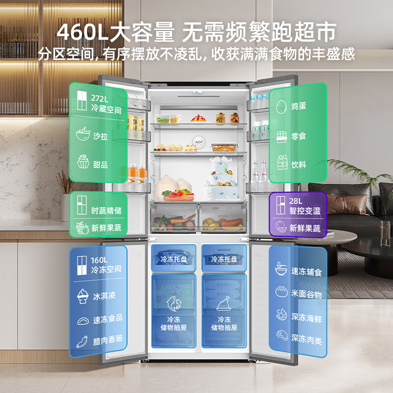 美菱收纳师460L十字门冰箱双变频一级能效家用超薄机身-32°深冷速冻风冷无霜BCD-460WSP9CX国家补贴高清大图