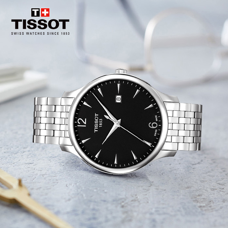 天梭(TISSOT)瑞士手表 复古酷雅黑盘简约低调日历 俊雅系列钢带男士石英表T063.610.11.057.00 礼物