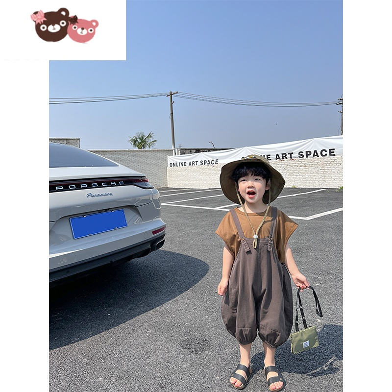绿彩虹光儿童休闲套装2022夏季新款韩版两件套童装圆领短袖洋气宝宝背带裤裤子