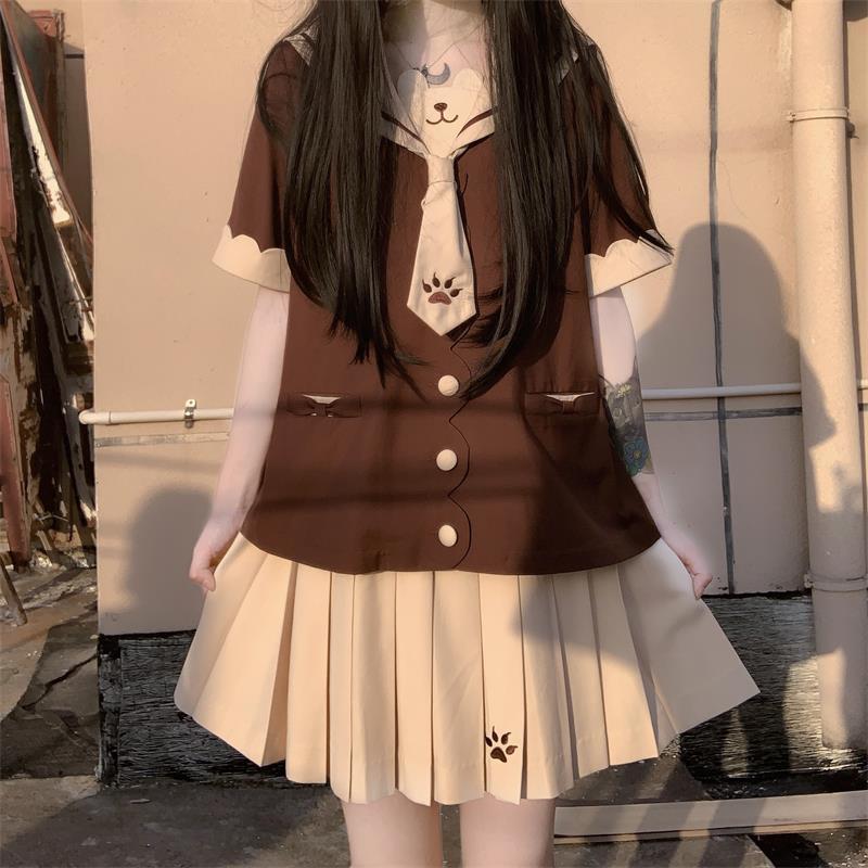 日系JK制服裙喵熊乐园幼稚园春夏短袖长袖套装学生装班服校服套装 咖啡+短袖套装 S
