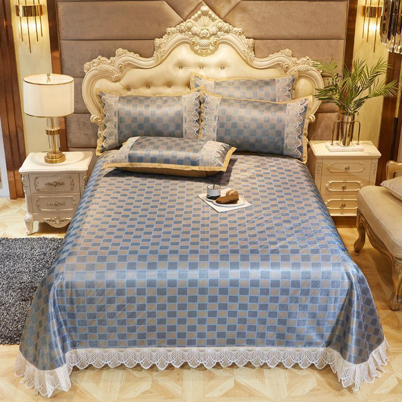 家柏饰(CORATED)冰丝凉席床1.5米床夏季席子三件套1.8米可水洗折叠空调软席 冰藤提花床单款凉席-方块灰金 2.0m（6.6英尺）床