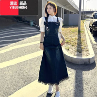 YIBUSHENG牛仔背带裙套装女季2024新款泡泡袖衬衫+连衣裙茶系穿搭一整I M 白色衬衫+背带裙套装