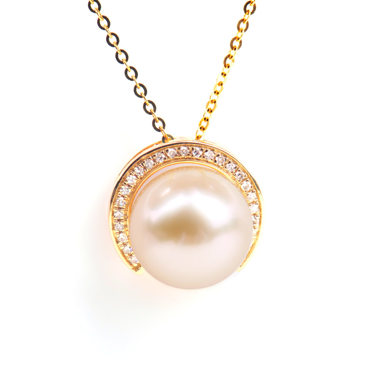 梦克拉 18K金钻石珍珠圆环吊坠 强光海水珍珠吊坠 镶钻珍珠吊坠 掌上明珠 时尚吊坠 金珠吊坠黑珍珠吊坠双色可选 金色