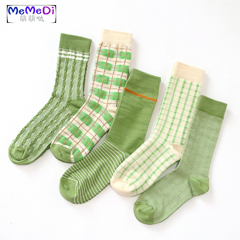 绿色袜女中筒袜 ins潮条纹春夏季格 棉清新少女系长筒袜
