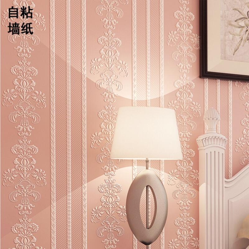 18新款时尚欧式无纺布自粘墙纸3D立体竖条纹壁纸卧室客厅电视背景墙自贴纸装饰贴墙贴588601米白5米价大
