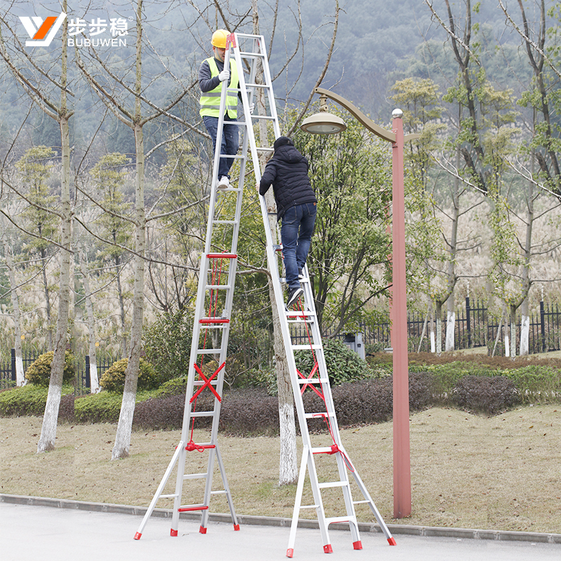 步步稳铝合金双面伸缩人字梯收折腿加厚铝梯工程梯家用户外折叠升降楼梯特厚12米