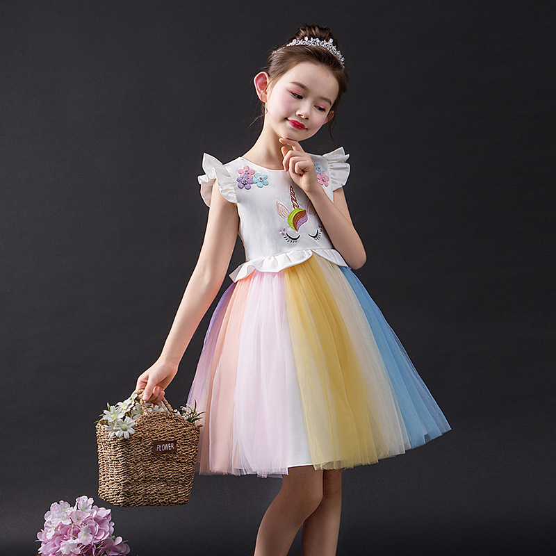 礼服裙独角兽彩红裙子六一儿童中小童表演服装二年级三年级5岁7岁8岁