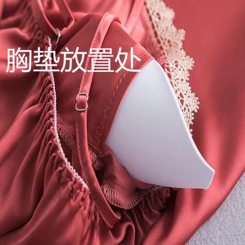 [优质冰丝带胸垫]-蓝色 M 80-95斤 性感吊带睡裙女夏季薄款带胸垫冰丝蕾丝韩版诱惑丝绸睡衣裙家居服