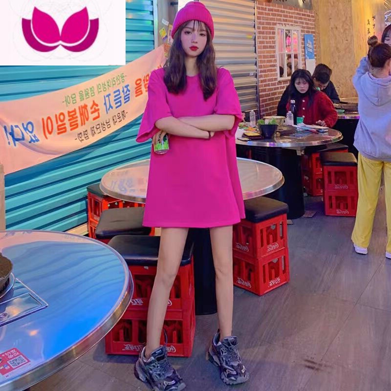 七斓玫红色t恤女短袖大码网红2023新款夏ins风T中长款宽松纯色上衣潮高清大图