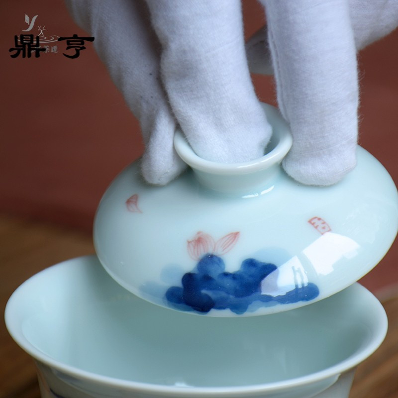 鼎亨手绘荷花茶碗盖碗茶杯青瓷三才盖碗功夫茶具泡茶碗套装陶瓷敬