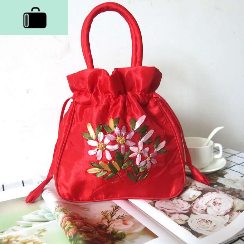 民族风复古旗袍汉服绣花布包水桶包抽绳手机包收纳包工艺手工女包NEWLAKE 红色