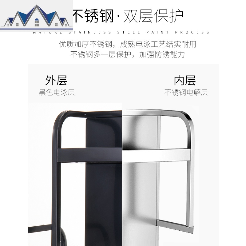 不锈钢厨房置物架黑色调料架多功能刀架家用油盐酱醋收纳架省空间 三维工匠高清大图