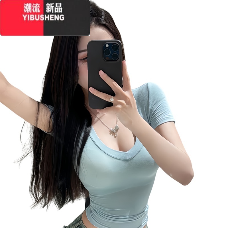YIBUSHENG纯欲辣妹性感V领短袖t恤女季设计感小众甜辣修身小个子短款上衣高清大图