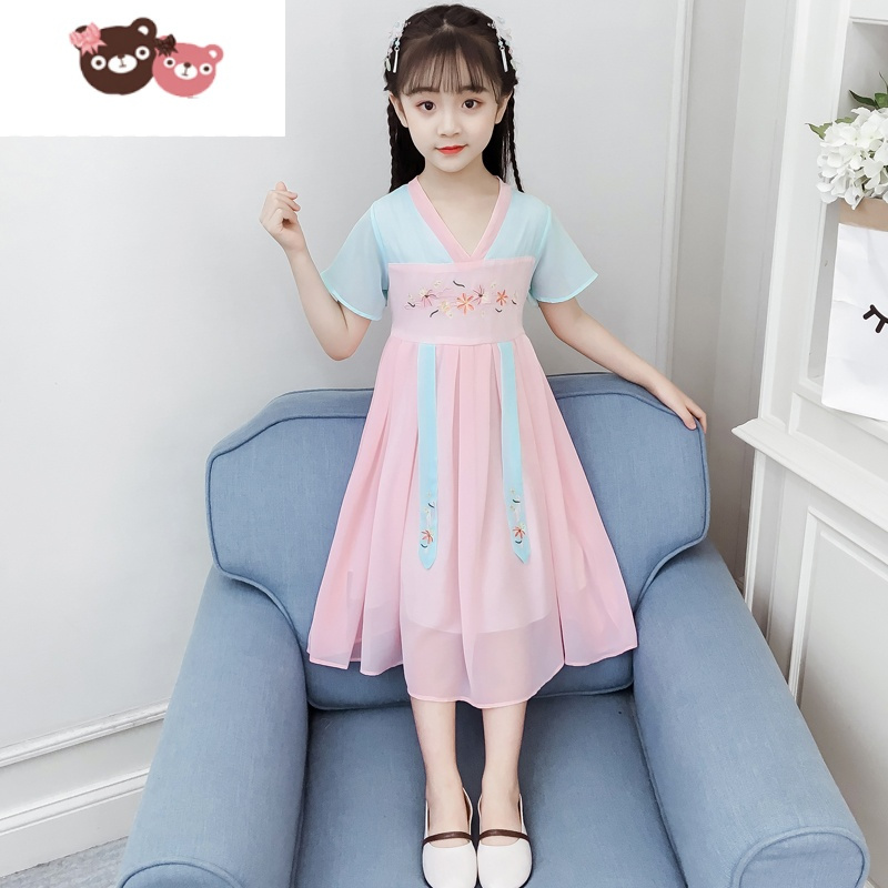 绿彩虹光女童汉服连衣裙夏装2022新款儿童中国风古装夏季短袖洋气公主裙子