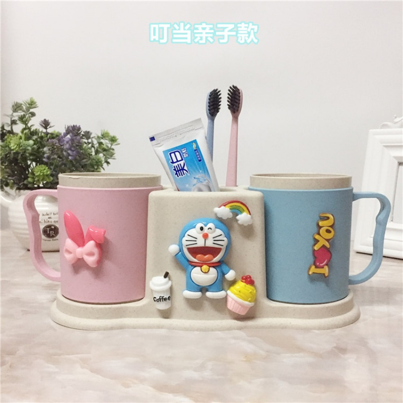卡通家用可爱公主双人闺蜜洗漱杯情侣套装卫浴牙刷架儿童刷牙杯 三维工匠 叮猫亲子款