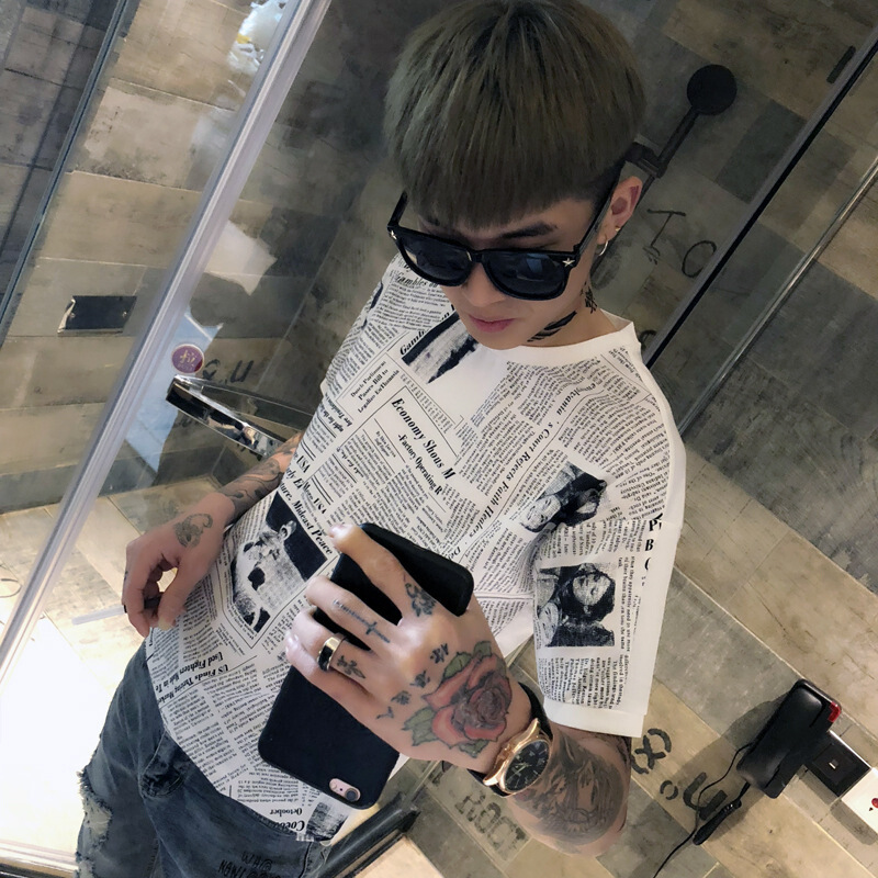 男士T恤短袖型师服装报纸衣服个性潮流提恤夜场韩版男模体桖血
