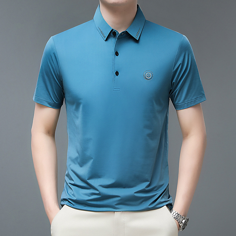 夏季新款男士polo衫韩版翻领短袖t恤男冰丝速干宽松中年男装 深蓝色 M