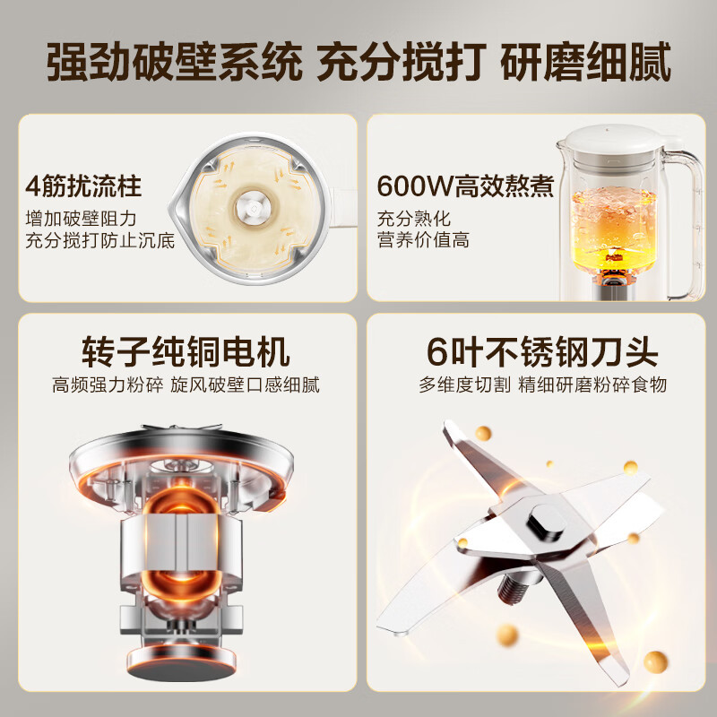 苏泊尔(SUPOR)豆浆机0.6L/升容量小型家用破壁免滤料理机预约时间多功能一键清洗破壁机榨汁机DJ06B-P102