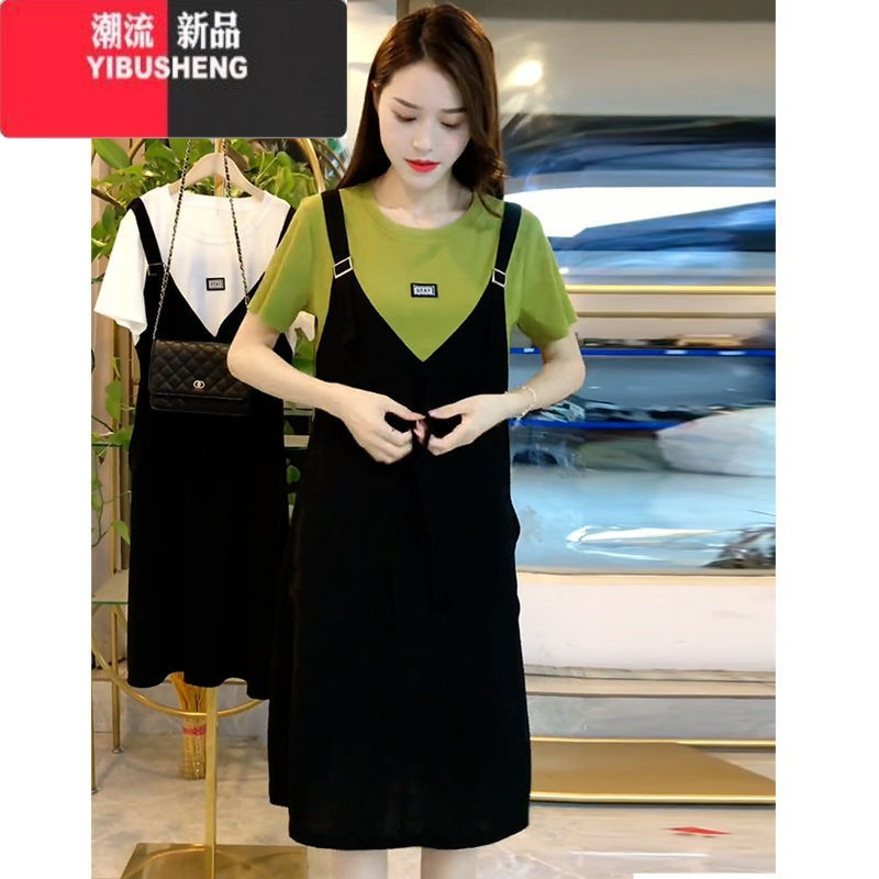 YIBUSHENG时尚气质连衣裙女2024季新款拼接收腰显瘦中长款背带假两件裙子