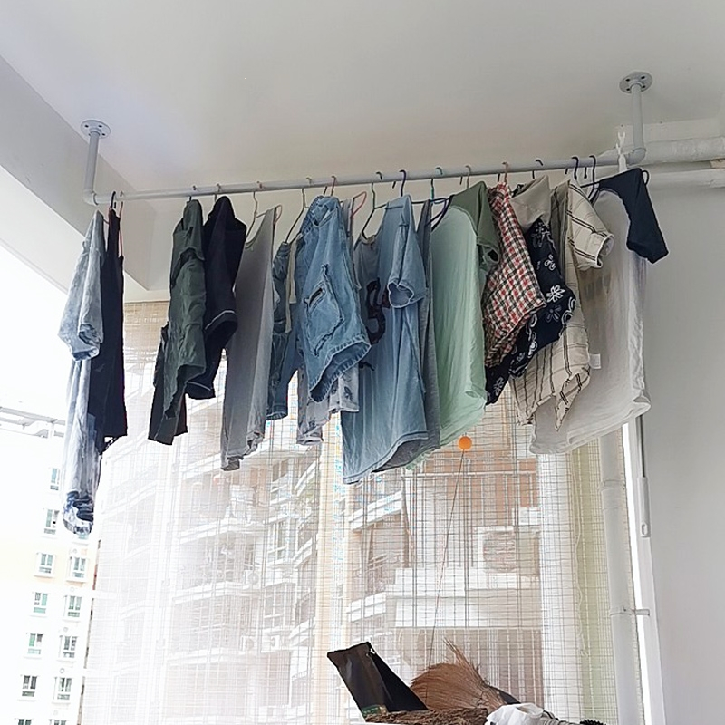 晾衣杆阳台顶装家用飘窗固定知渡式单杆室内白色挂衣杆窗台打孔晒衣架