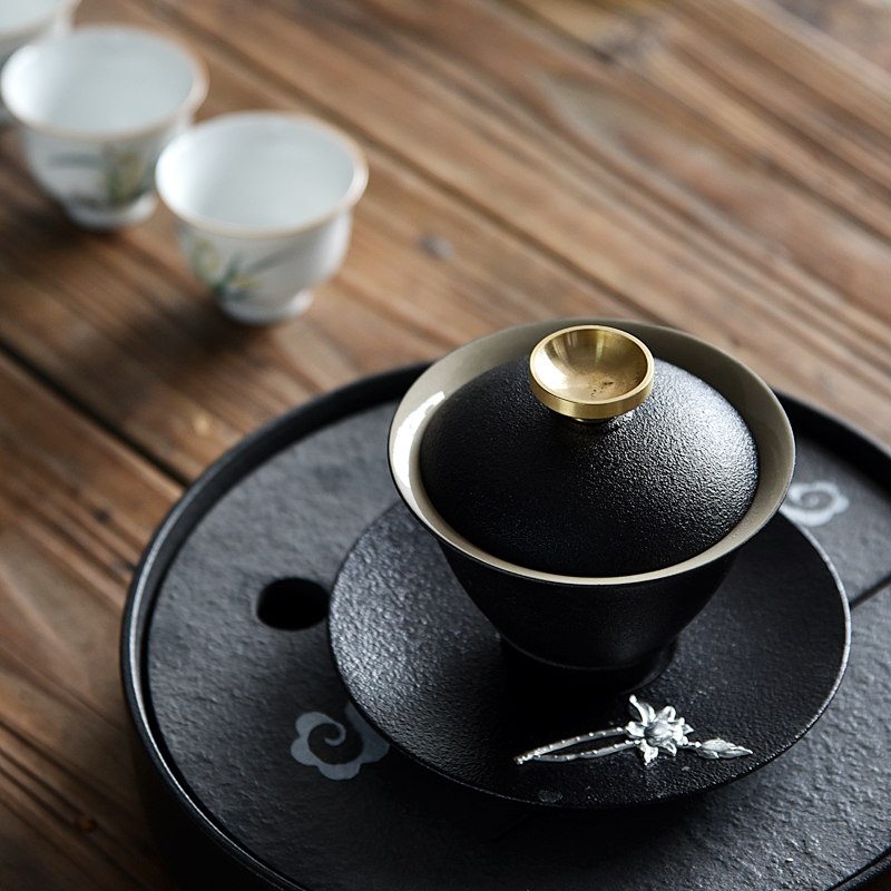未雨黑陶三才盖碗茶杯 德化白瓷大号陶瓷功夫茶具泡茶器
