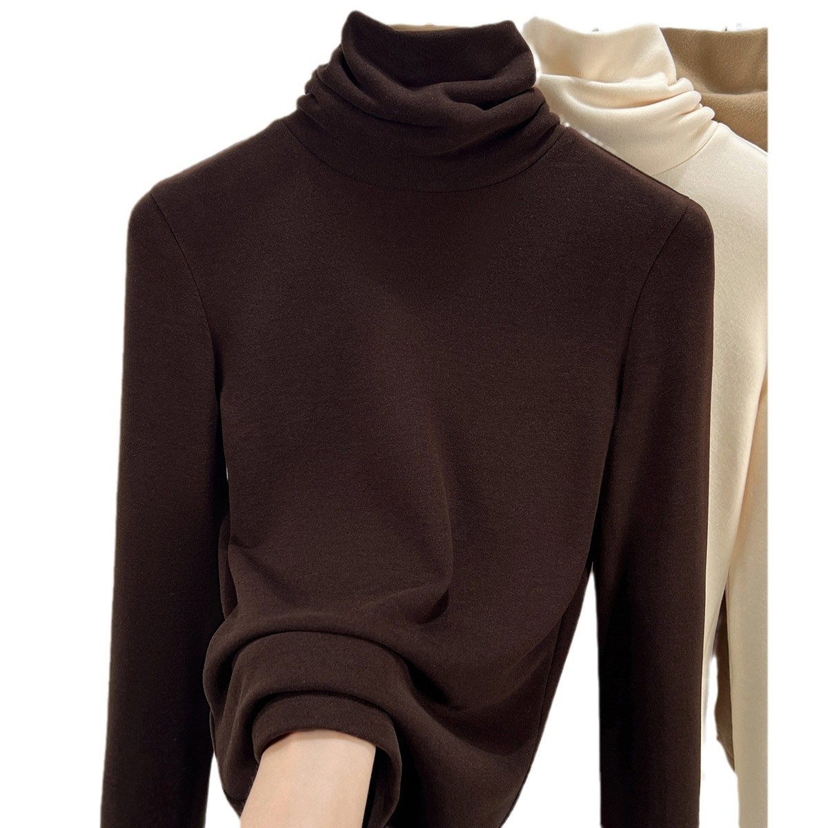 高领双面天丝绒打底衫女秋冬2025新款加绒加厚内搭磨毛堆堆领上衣高清大图