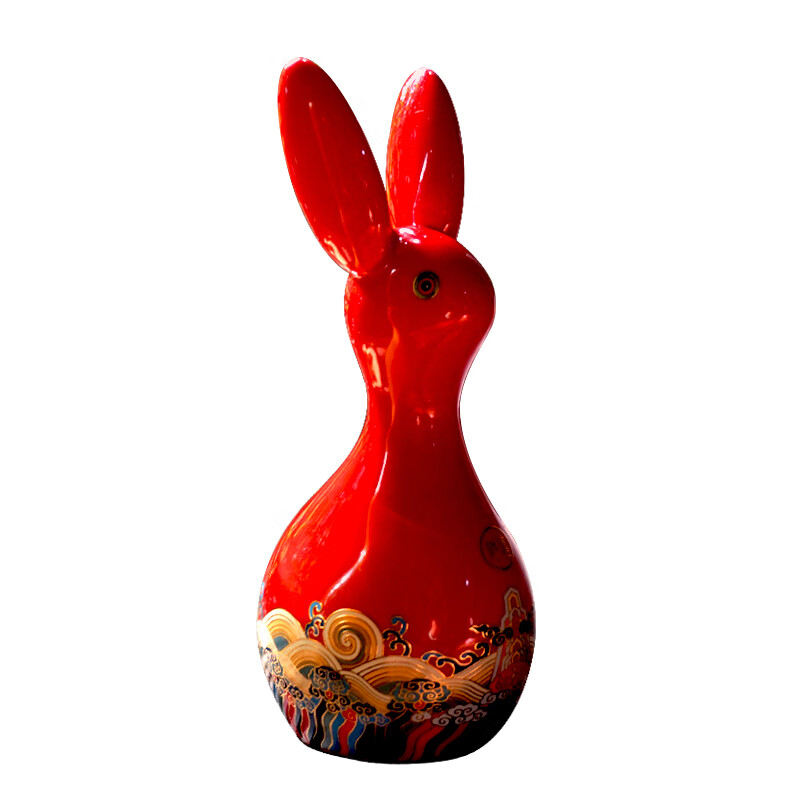 福人福地瓷兔摆件(宫墙红)家具书架办公桌中式客厅装饰陶瓷兔子摆件卡通兔摆饰-如意(海水江崖款)IA.22.01.01
