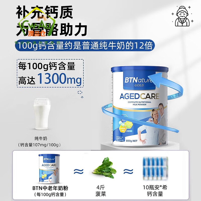 BTNature 中老年脱脂高钙糖尿关护奶粉 800g 1罐装 0蔗糖添加 澳洲进口高清大图