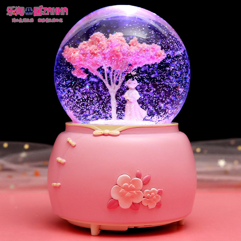梦幻樱花水晶球音乐盒雪花天使跳舞女孩旋转八音盒夜灯女生日礼物 爱莎女孩(音乐+彩灯+摇晃飘雪)