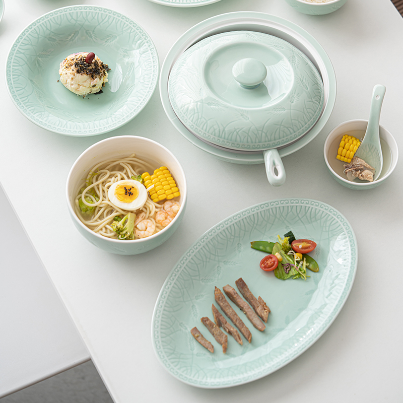 苏氏陶瓷(SUSHI CERAMICS)青瓷餐具套装浅绿釉五谷丰登陶瓷碗盘56头中餐具礼盒