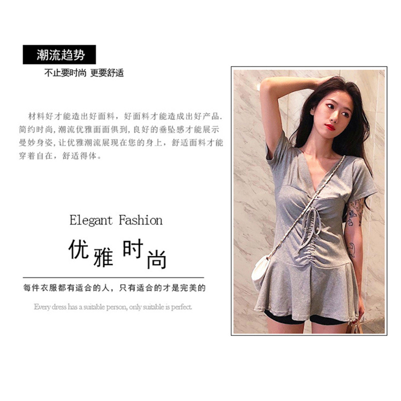 送打底裤]2019年夏季新款百搭通勤流行收腰a字短袖女连衣裙子气质网红时尚高腰连衣裙时尚性感抽褶V领超短裙女纯色