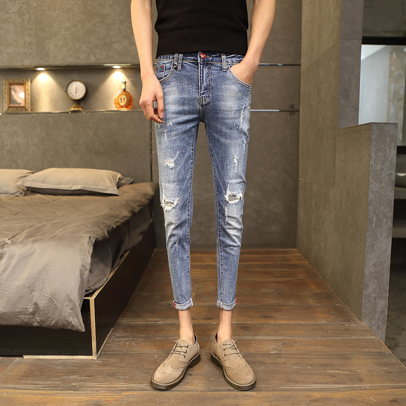 2018夏款网红男韩版社会人精神小伙微弹牛仔裤9九分裤休闲小脚裤