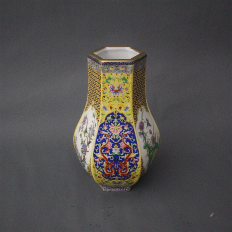 美帮汇景德镇仿古陶瓷雍正珐琅彩六方花鸟福筒花瓶家居装饰展柜摆件收藏高清大图
