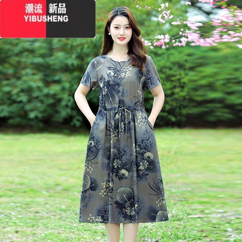 YIBUSHENG微胖妈妈装棉绸连衣裙宽松大码中老年女装人造棉短袖裙子有口袋图片