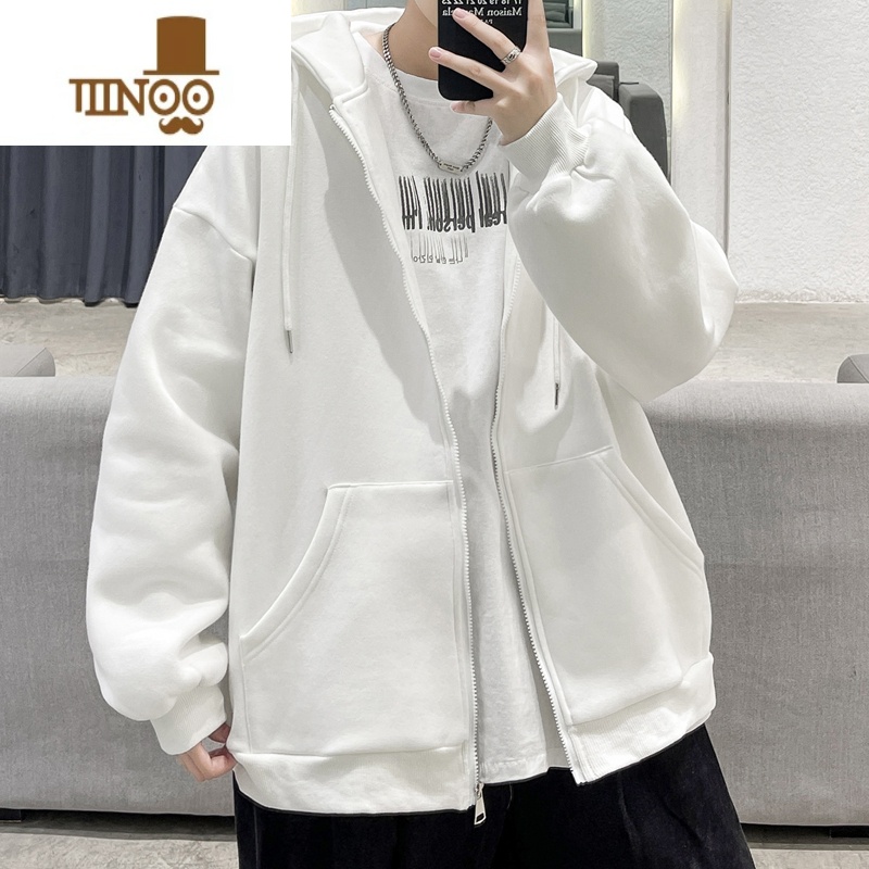 YANXU拉链开衫外套男纯色冬季加绒青少年帅气休闲宽松连帽季休高清大图