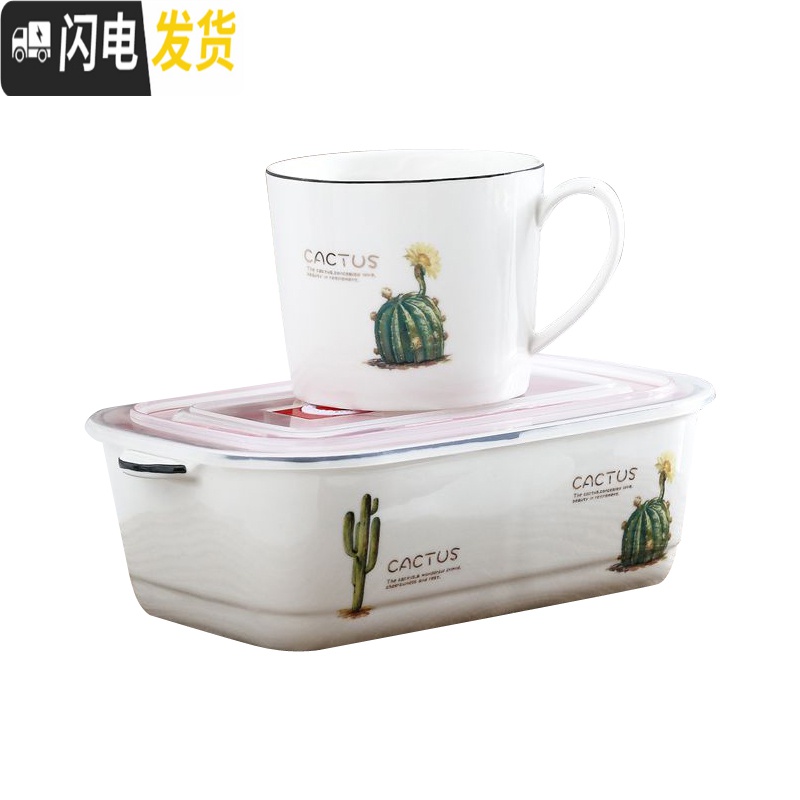 三维工匠陶瓷分格饭盒便当盒微波炉专用碗密封带盖分隔长方形上班族保鲜盒 二格仙人掌+勺筷高清大图