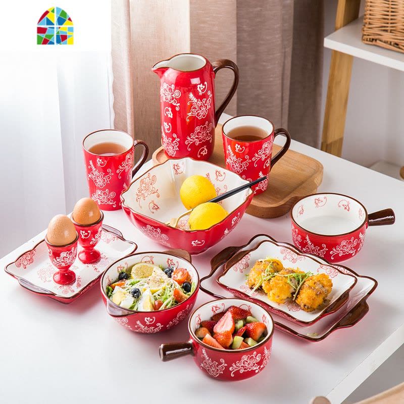 陶瓷餐具中式碗碟套装2人组合家用结婚礼品情侣送礼西式碗盘杯 FENGHOU 喜庆吉红 12件图片