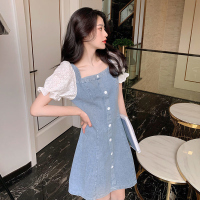 美动态大码女装蕾丝袖拼接牛仔连衣裙2022新款胖mm藏肉显瘦牛仔裙