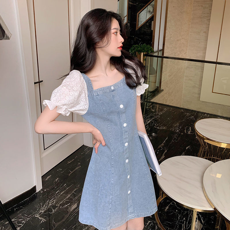 美动态大码女装蕾丝袖拼接牛仔连衣裙2022新款胖mm藏肉显瘦牛仔裙