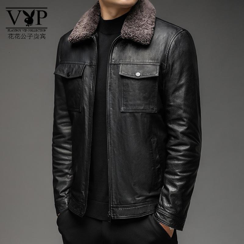 花花公子贵宾真皮皮衣男冬季休闲时尚毛领修身厚款皮夹克男装外套