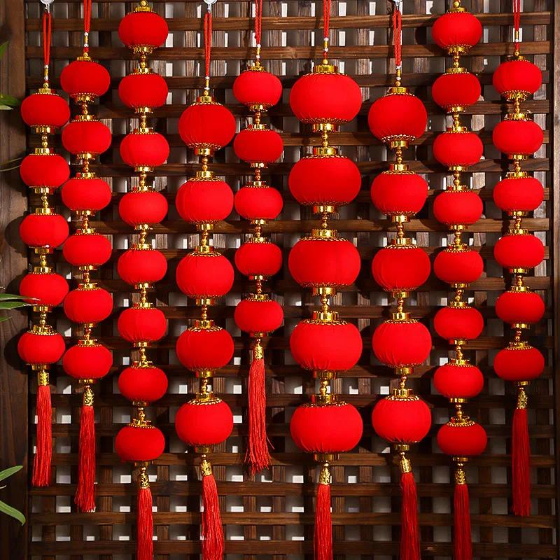 小灯笼串新年灯笼挂饰过春节布置挂件-【11#】绒面_全红灯笼5连串2个装高清大图