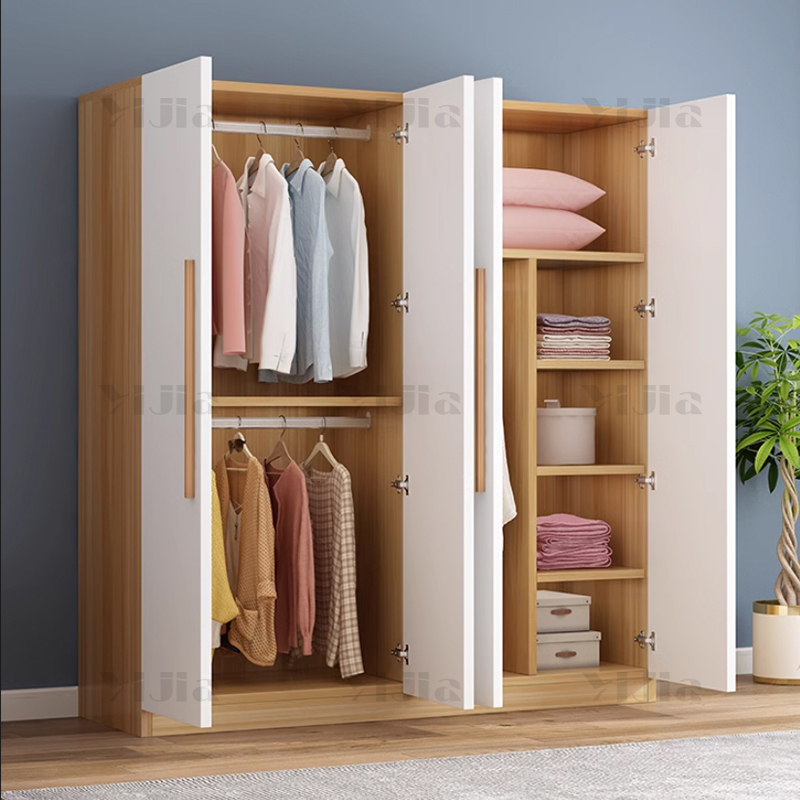 翌嘉 简约木质衣柜四门衣柜衣服收纳柜 浅胡桃白门1400*500*1800mm