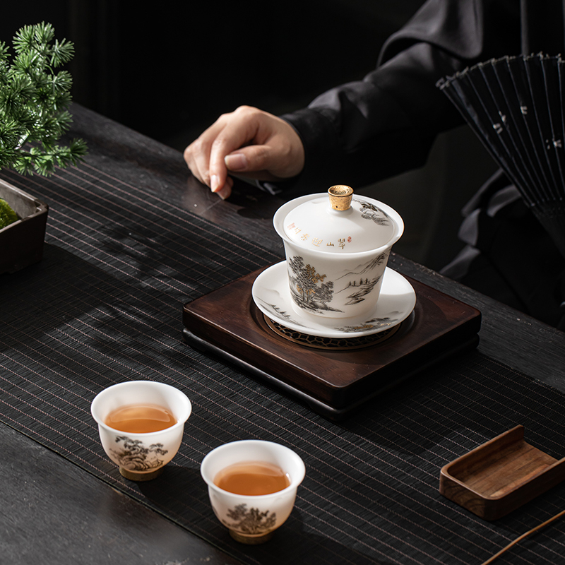 苏氏陶瓷(SUSHI CERAMICS)素烧羊脂玉瓷翠山迎客一碗两杯国家一级技师王文克老师作品