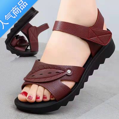 SUNTEK【真软皮】夏季妈妈凉鞋新款软底中年平底老人中老年女鞋沙滩鞋 2067酒红色精品版 37