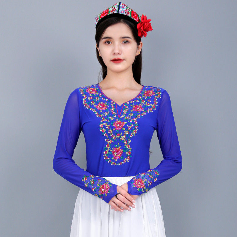 新疆舞蹈服民族风绣花上衣练功服女夏季维吾尔族演出表演服