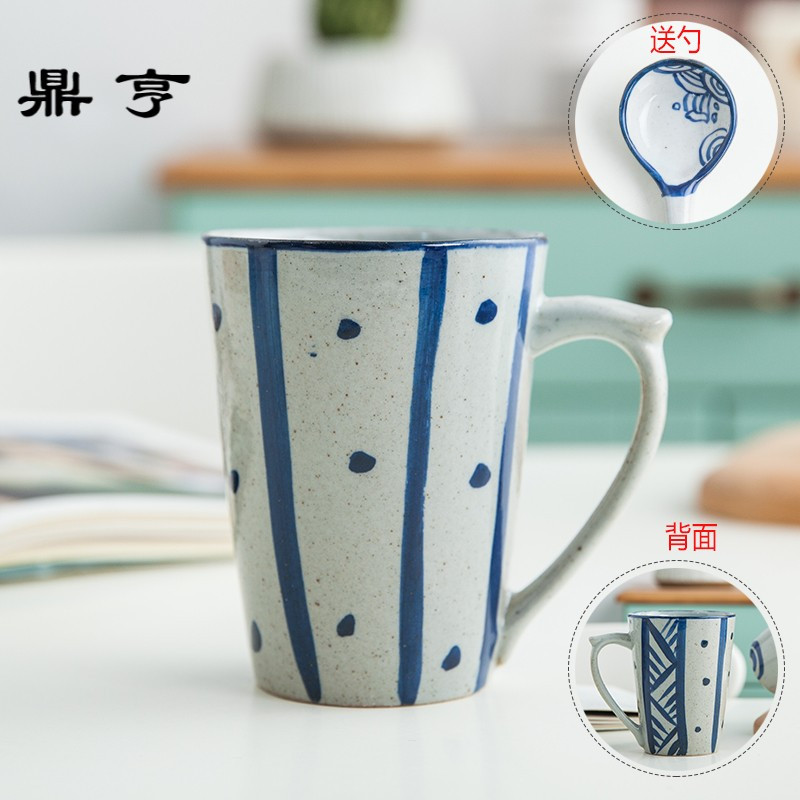 鼎亨 创意杯子陶瓷水杯马克杯送勺咖啡杯牛奶杯简约手绘青花送礼